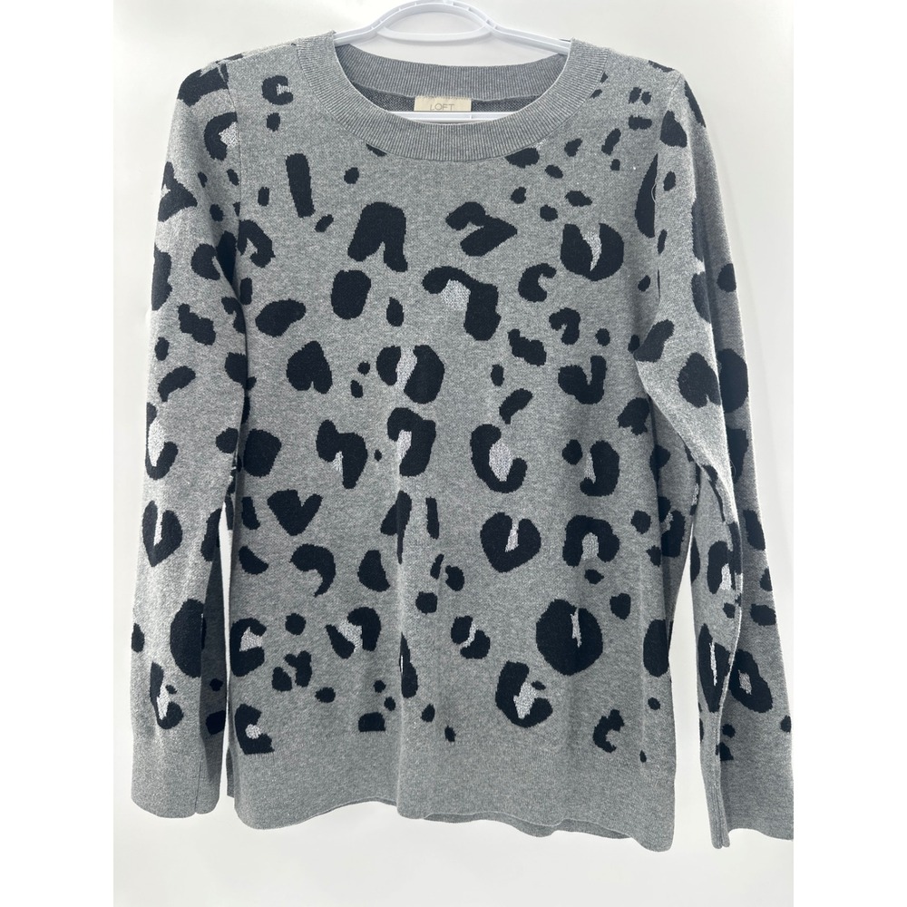 Loft Outlet Gray Leopard Print Crewneck Sweater Large Animal Print Sparkle Knit